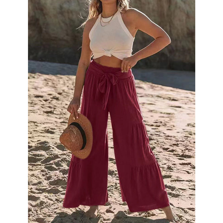 Tied Ruched Wide Leg Pants Apparel and Accessories