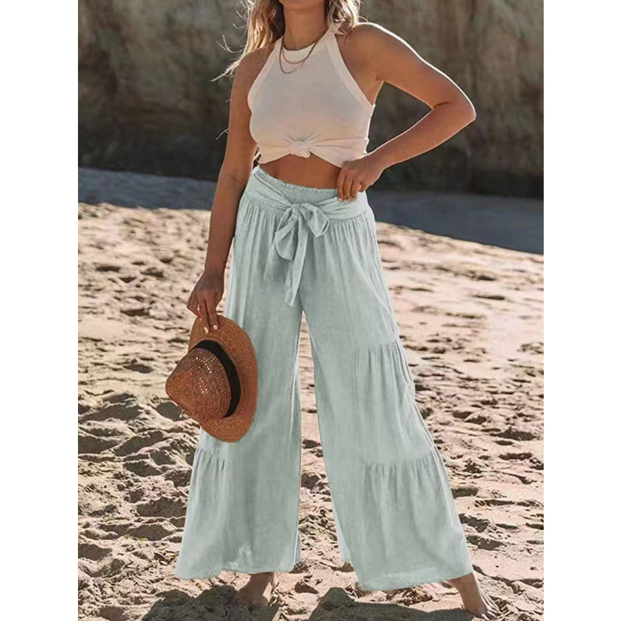 Tied Ruched Wide Leg Pants Apparel and Accessories