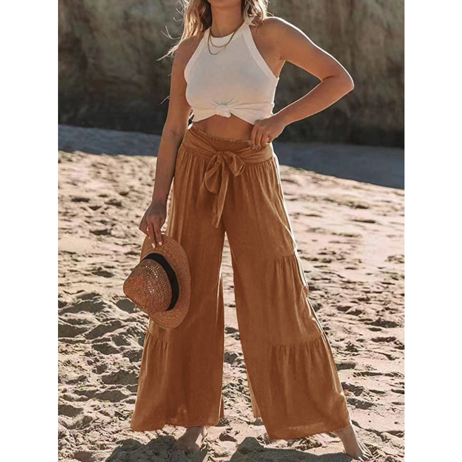 Tied Ruched Wide Leg Pants Caramel / S Apparel and Accessories