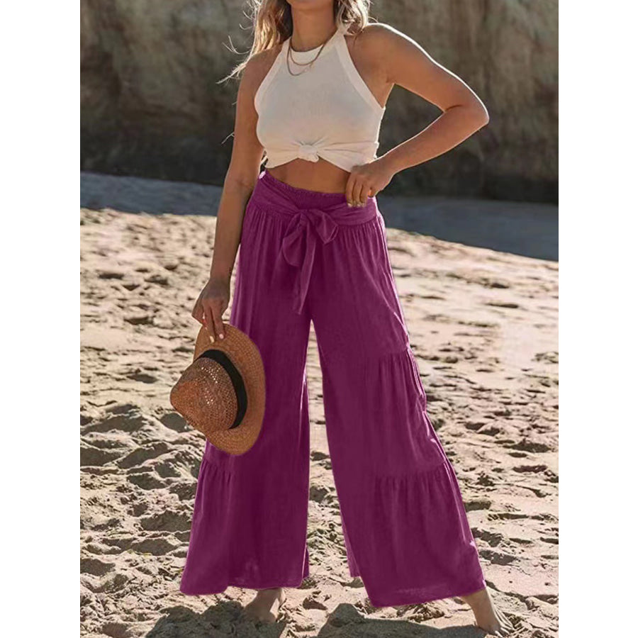 Tied Ruched Wide Leg Pants Deep Purple / S Apparel and Accessories