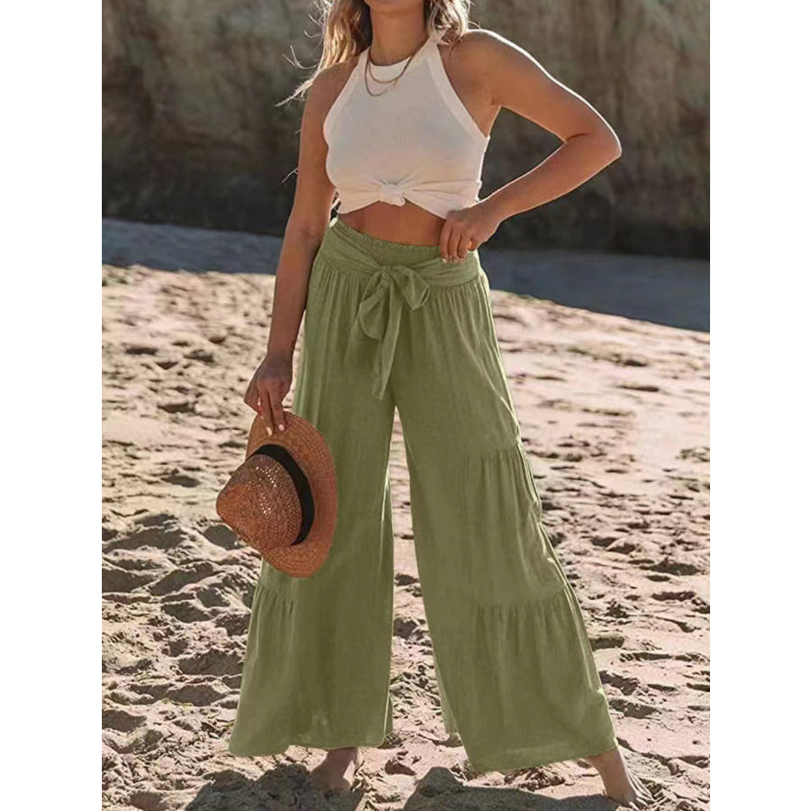 Tied Ruched Wide Leg Pants Moss / S Apparel and Accessories