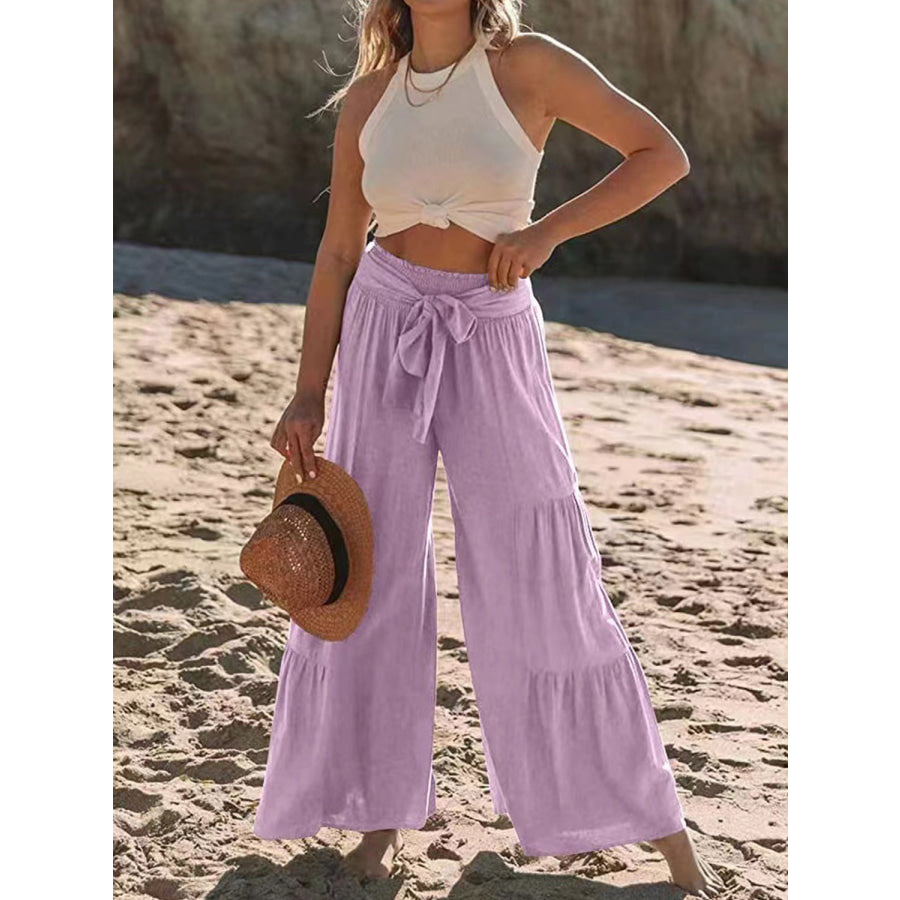 Tied Ruched Wide Leg Pants Pink Purple / S Apparel and Accessories