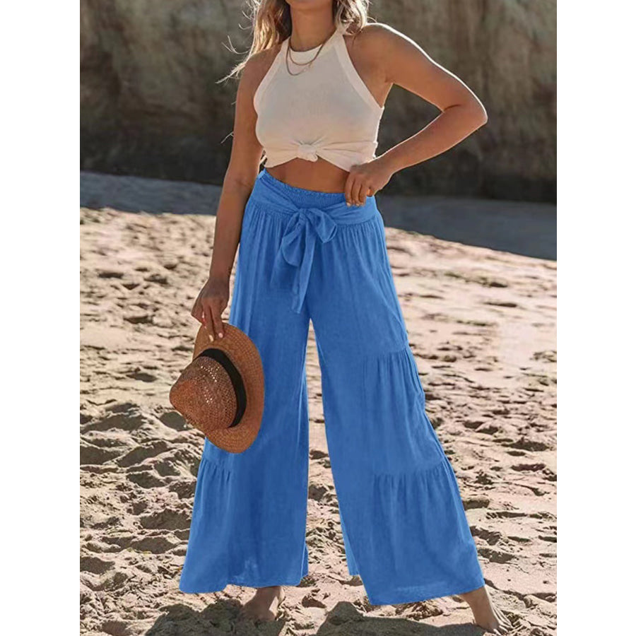 Tied Ruched Wide Leg Pants Sky Blue / S Apparel and Accessories