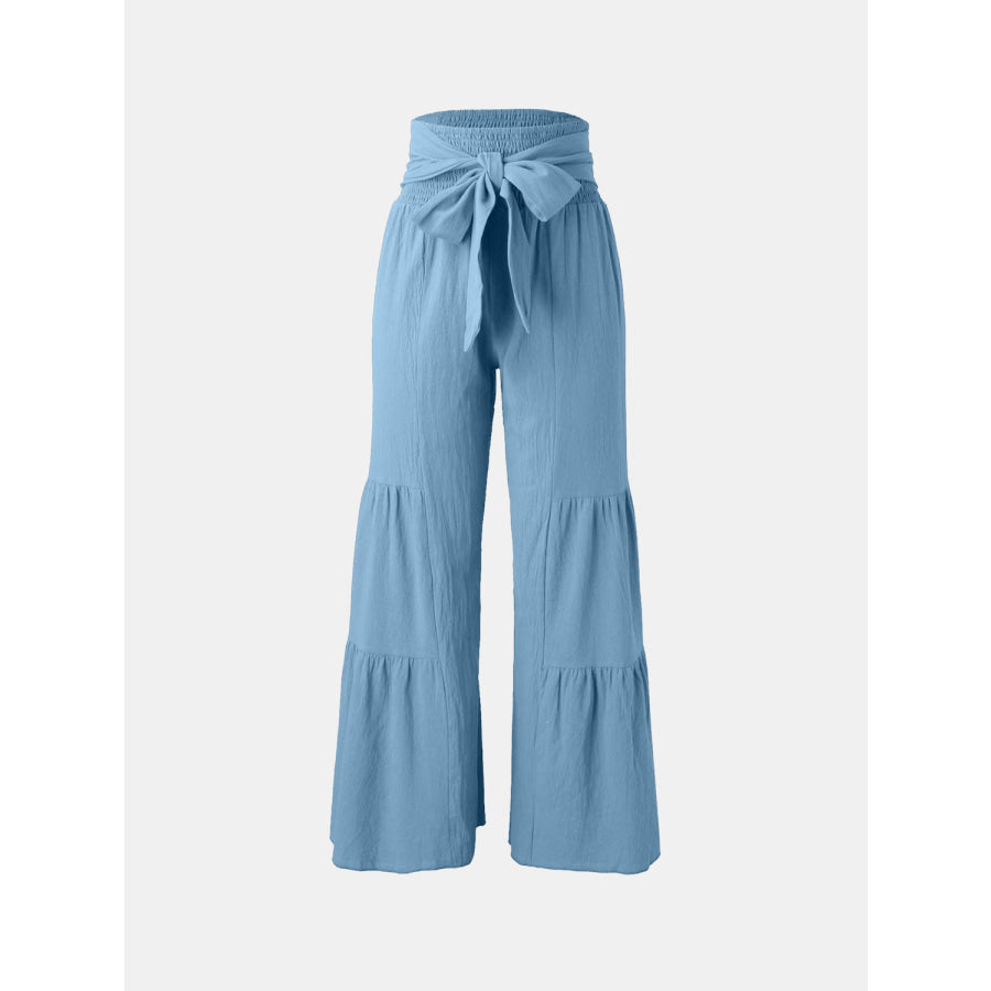 Tied Ruched Wide Leg Pants Sky Blue / S Apparel and Accessories