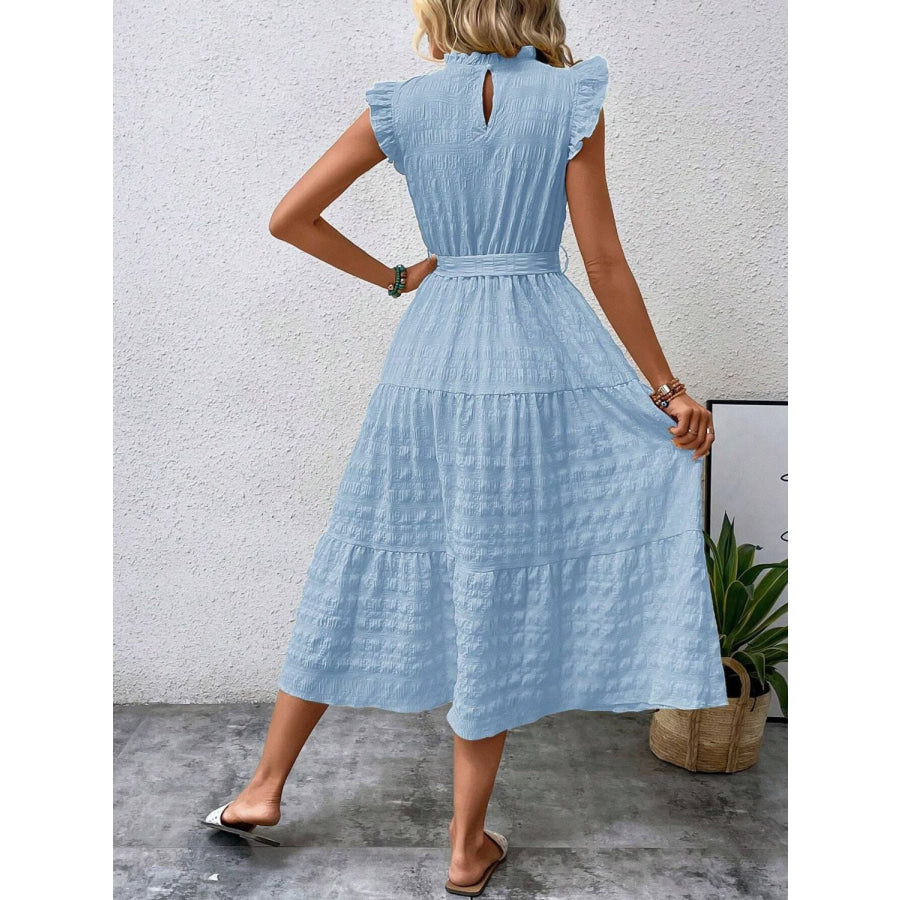 Tied Ruffled Cap Sleeve Midi Dress Apparel and Accessories