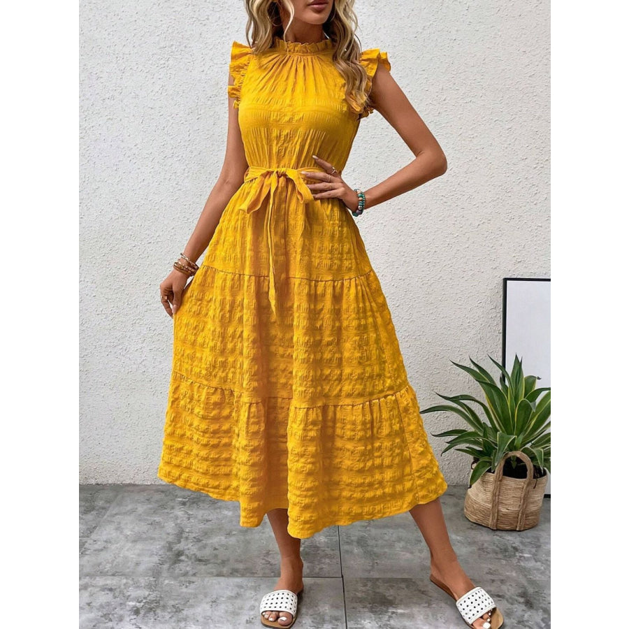 Tied Ruffled Cap Sleeve Midi Dress Gold / S Apparel and Accessories