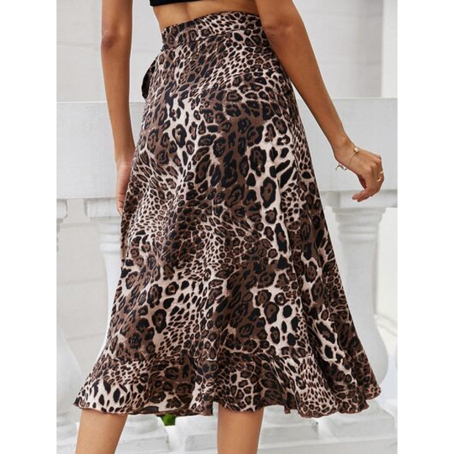 Tied Ruffled Leopard Midi Skirt Apparel and Accessories