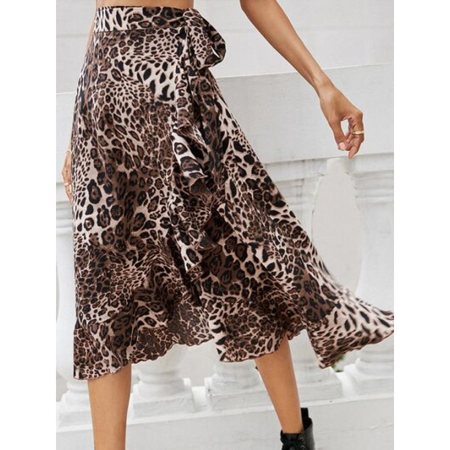 Tied Ruffled Leopard Midi Skirt Apparel and Accessories