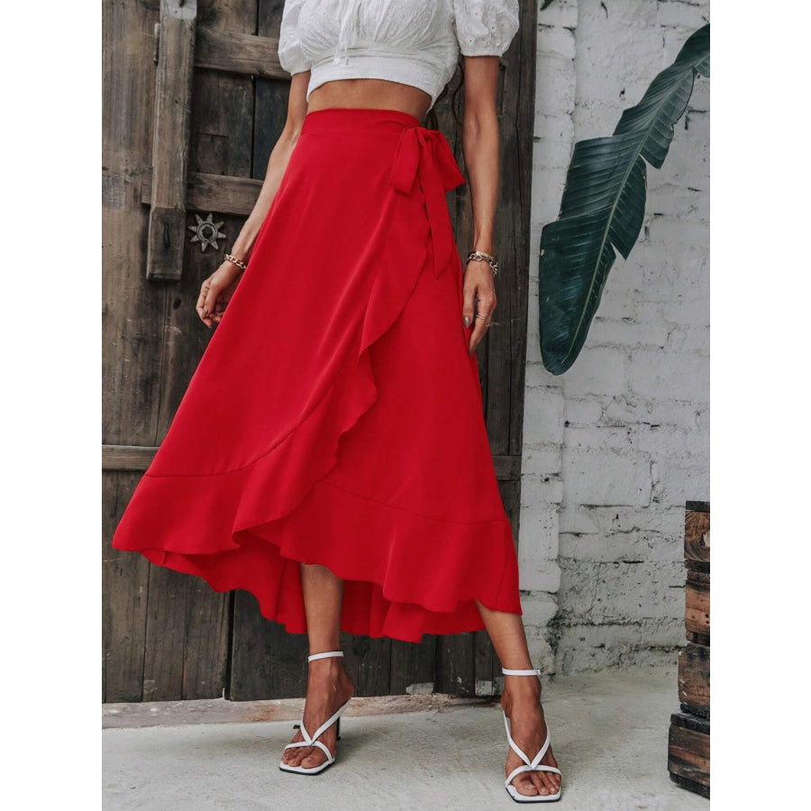 Tied Ruffled Midi Skirt Orange-Red / S Apparel and Accessories