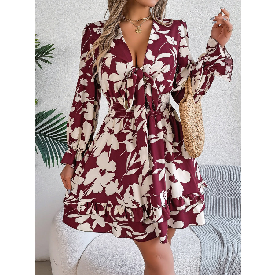 Tied Ruffled Printed Long Sleeve Dress Apparel and Accessories