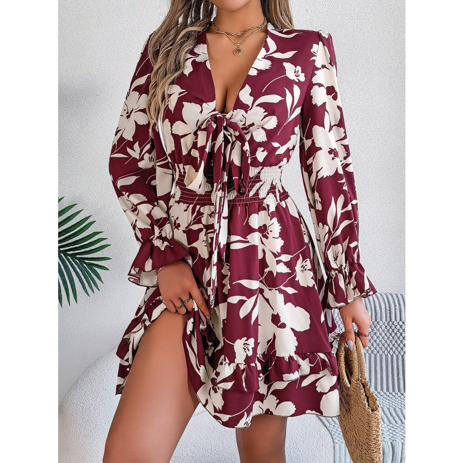 Tied Ruffled Printed Long Sleeve Dress Apparel and Accessories