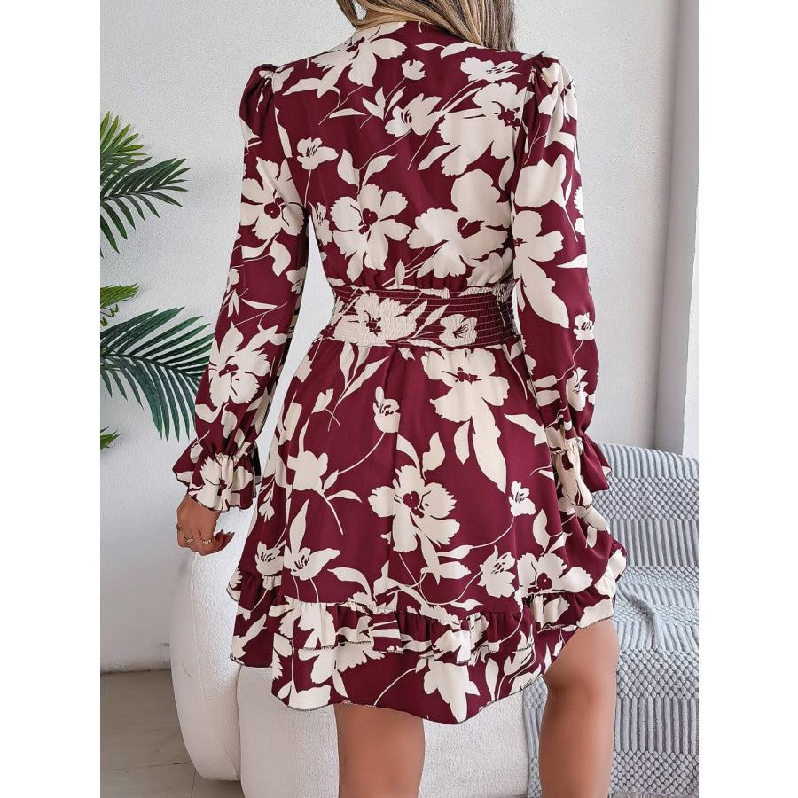 Tied Ruffled Printed Long Sleeve Dress Apparel and Accessories