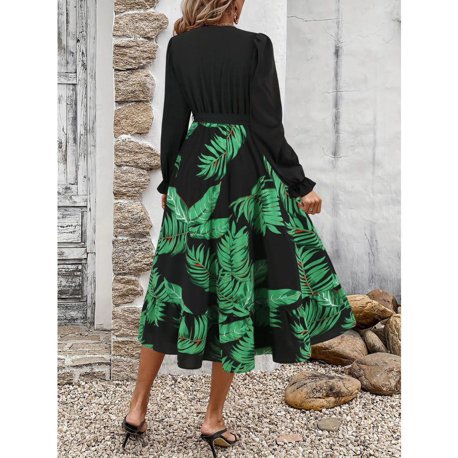 Tied Ruffled Printed Long Sleeve Dress Apparel and Accessories