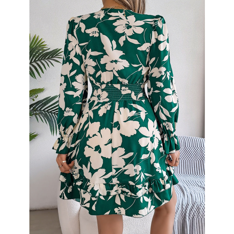 Tied Ruffled Printed Long Sleeve Dress Apparel and Accessories