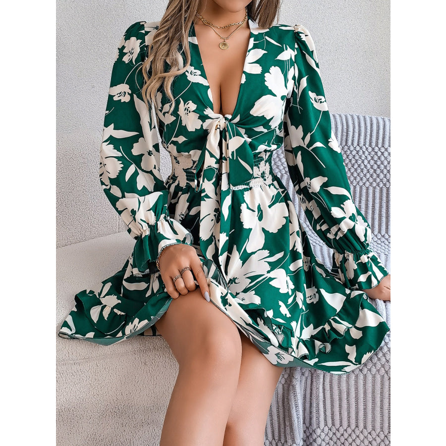 Tied Ruffled Printed Long Sleeve Dress Apparel and Accessories