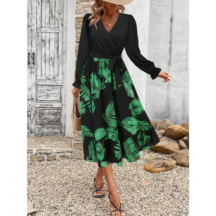 Tied Ruffled Printed Long Sleeve Dress Apparel and Accessories