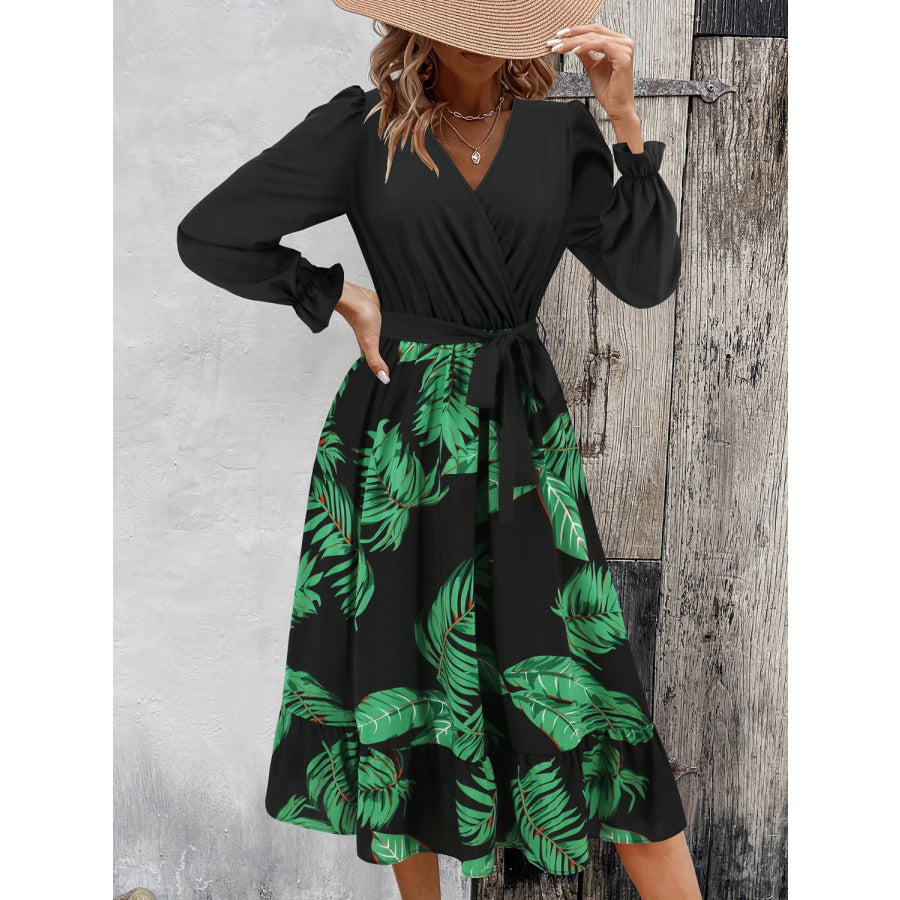 Tied Ruffled Printed Long Sleeve Dress Apparel and Accessories