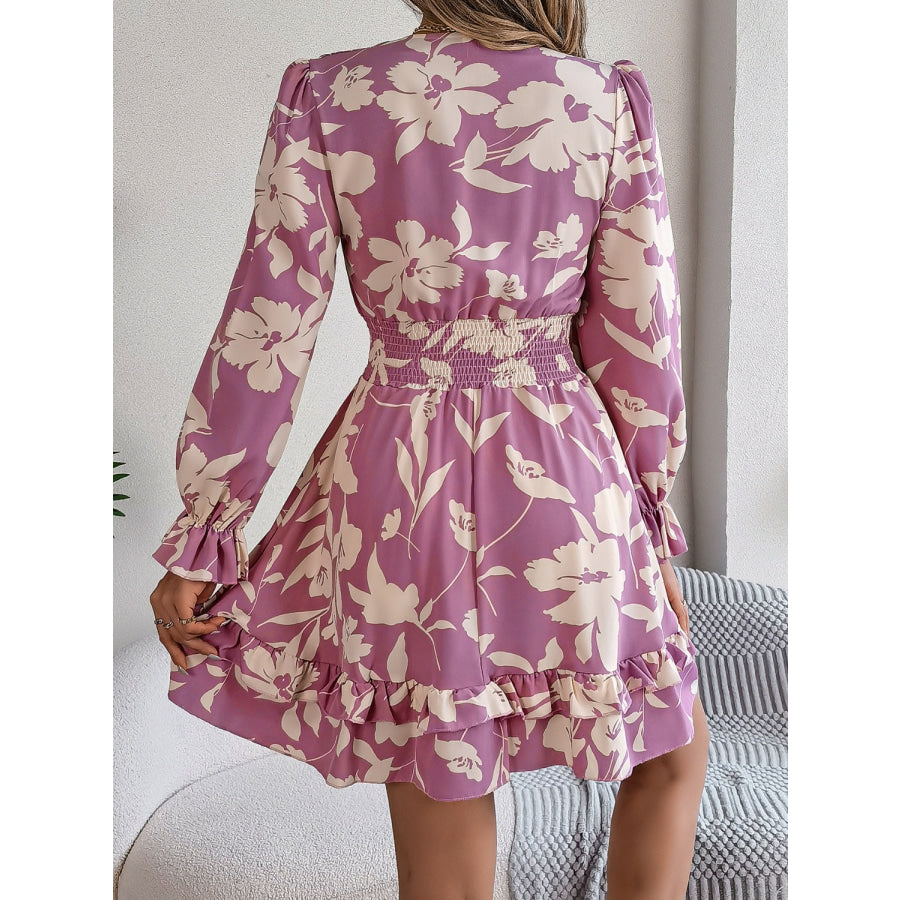 Tied Ruffled Printed Long Sleeve Dress Apparel and Accessories