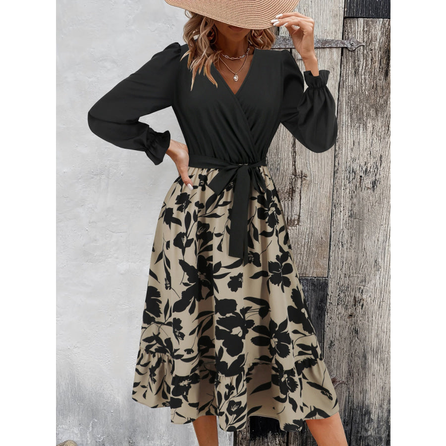 Tied Ruffled Printed Long Sleeve Dress Apparel and Accessories