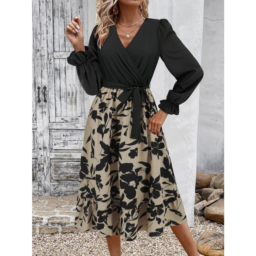 Tied Ruffled Printed Long Sleeve Dress Black / S Apparel and Accessories