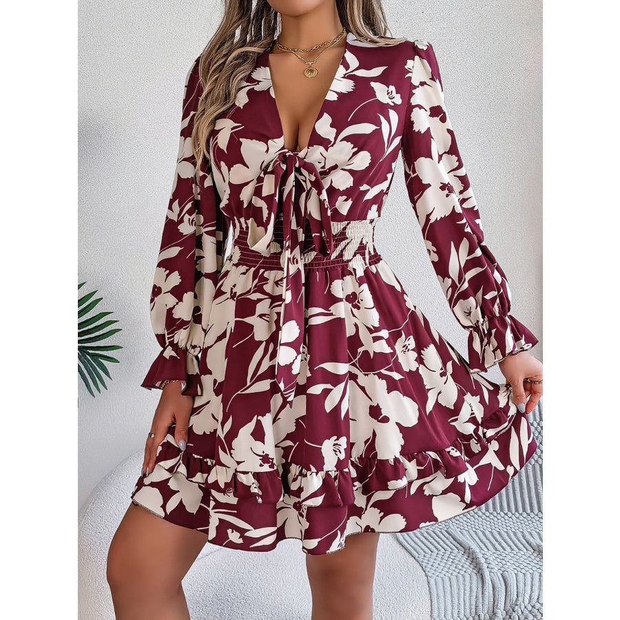 Tied Ruffled Printed Long Sleeve Dress Burgundy / S Apparel and Accessories