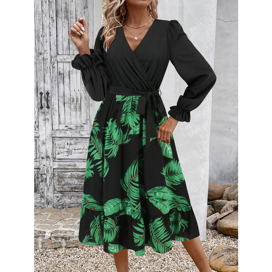 Tied Ruffled Printed Long Sleeve Dress Dark Green / S Apparel and Accessories