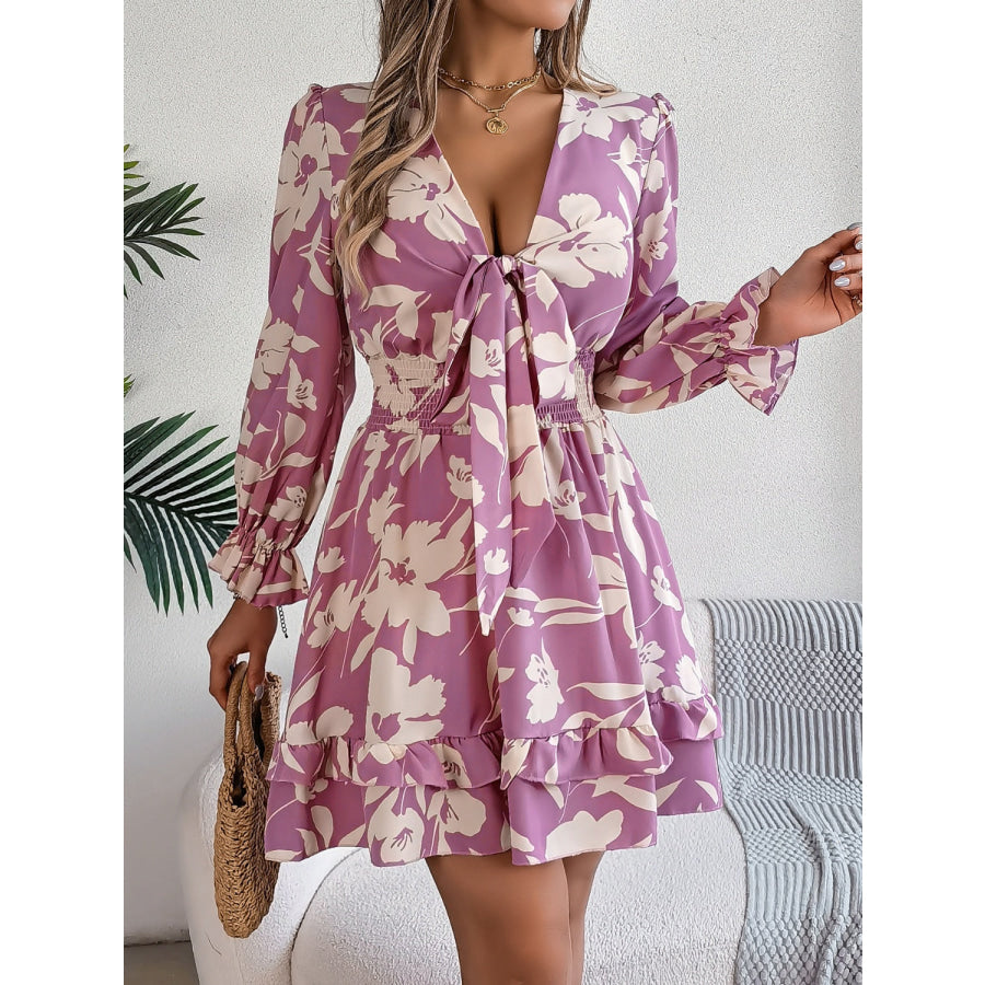 Tied Ruffled Printed Long Sleeve Dress Lilac / S Apparel and Accessories