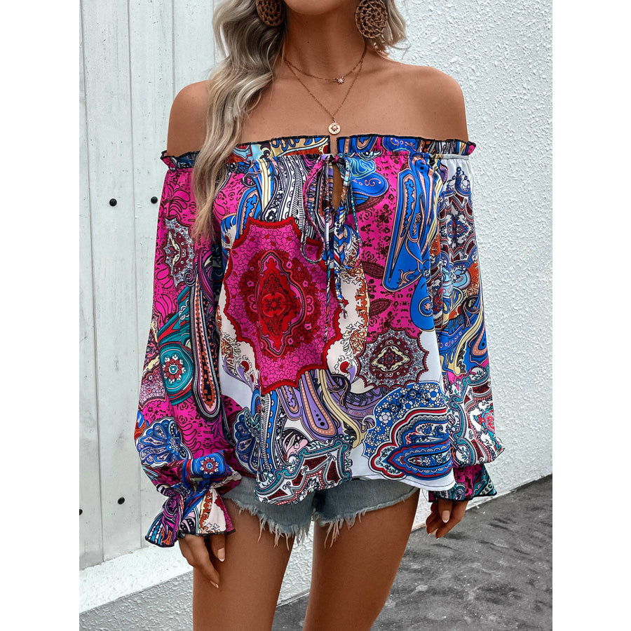 Tied Ruffled Printed Off-Shoulder Long Sleeve Blouse Apparel and Accessories