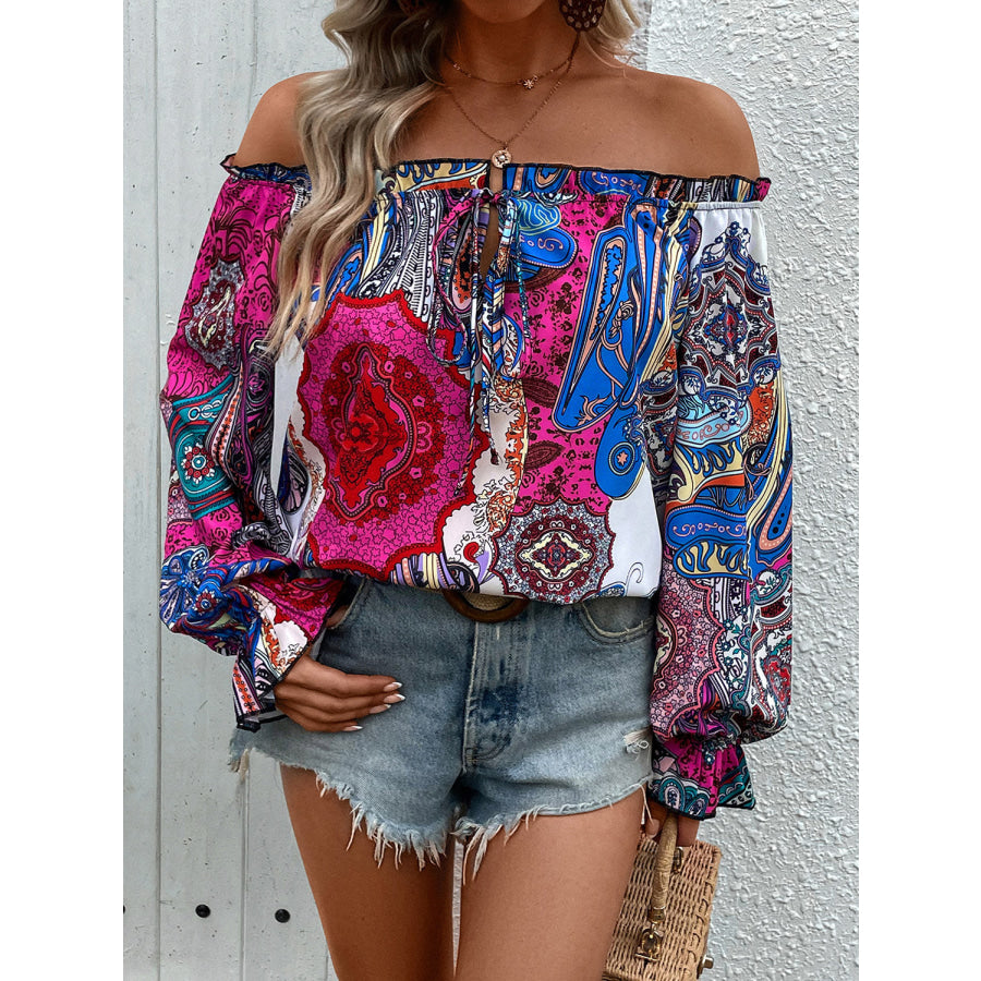 Tied Ruffled Printed Off-Shoulder Long Sleeve Blouse Apparel and Accessories