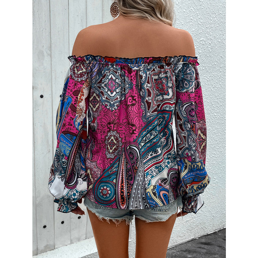 Tied Ruffled Printed Off-Shoulder Long Sleeve Blouse Apparel and Accessories