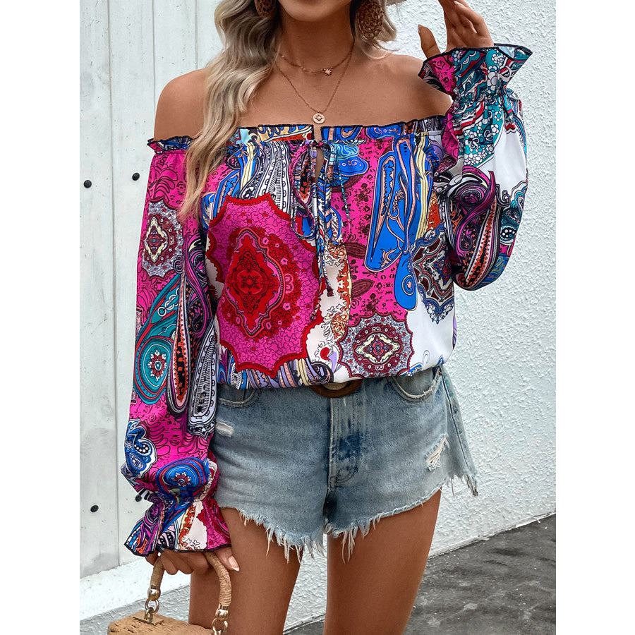 Tied Ruffled Printed Off-Shoulder Long Sleeve Blouse Apparel and Accessories