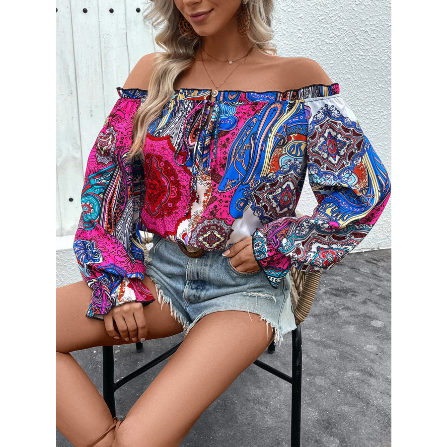 Tied Ruffled Printed Off-Shoulder Long Sleeve Blouse Apparel and Accessories