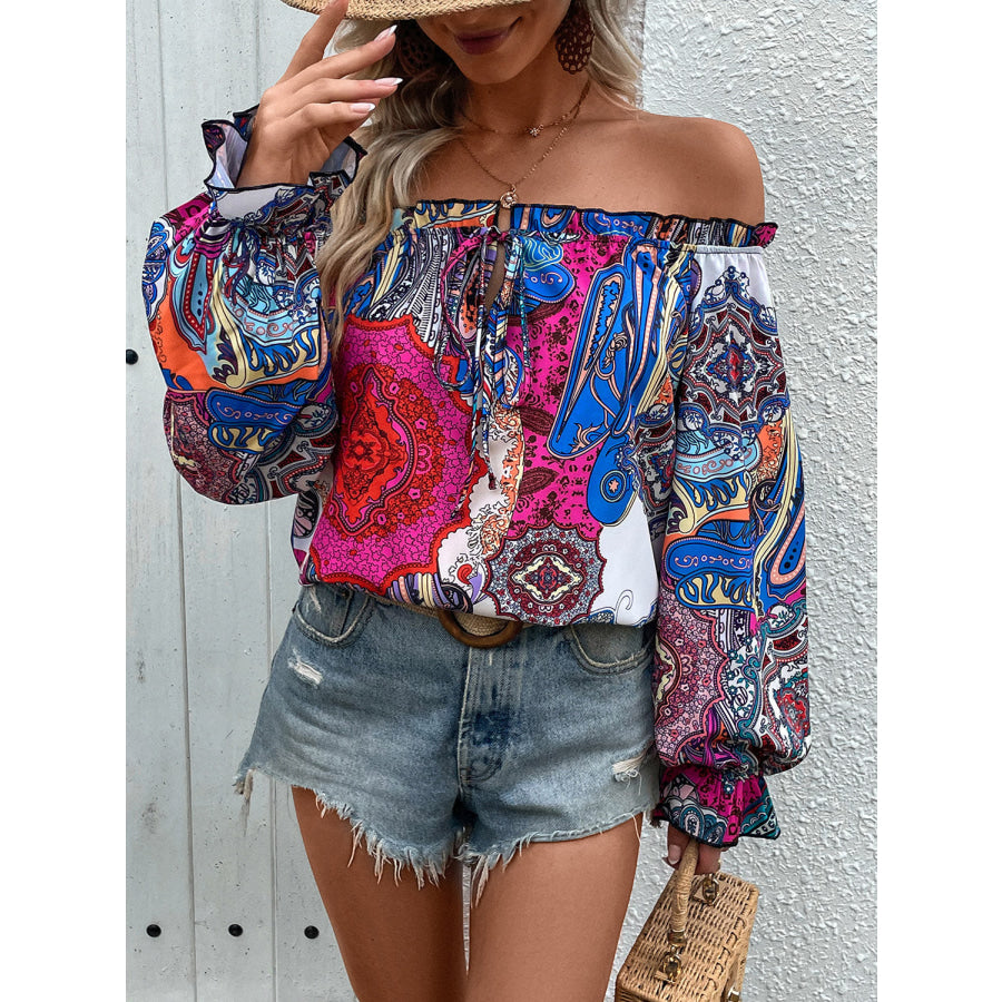 Tied Ruffled Printed Off-Shoulder Long Sleeve Blouse Strawberry / S Apparel and Accessories