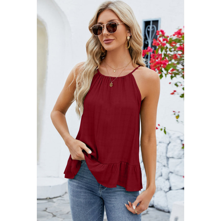 Tied Ruffled Round Neck Cami Apparel and Accessories