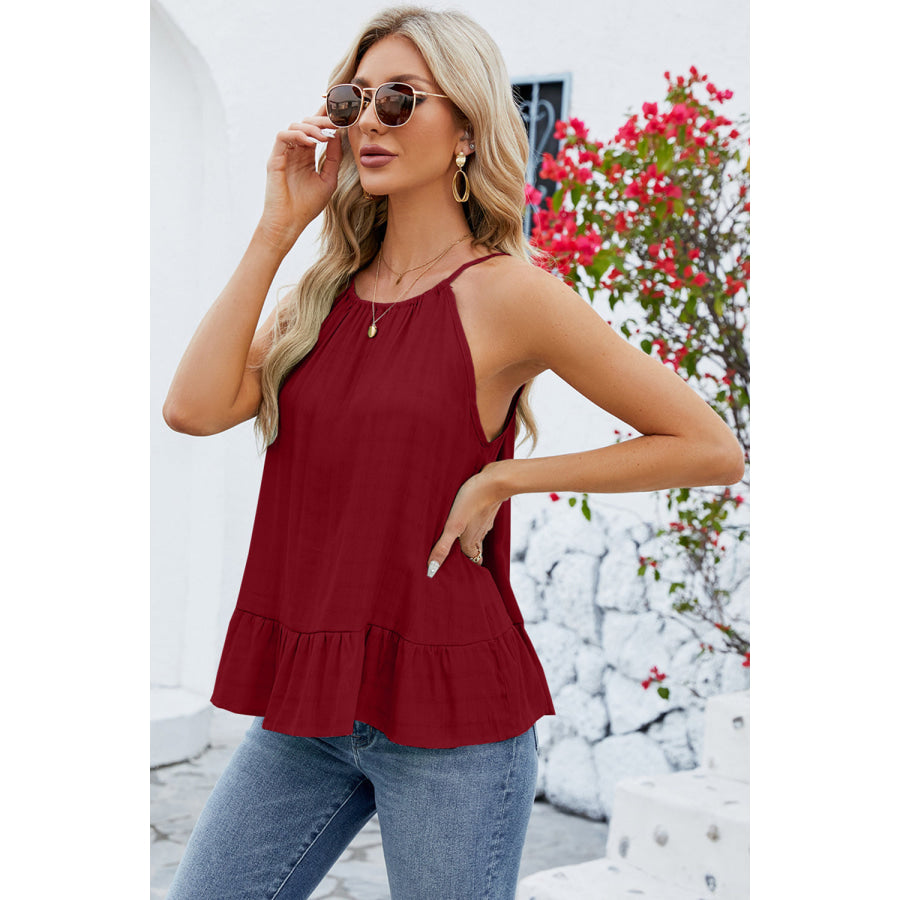 Tied Ruffled Round Neck Cami Apparel and Accessories