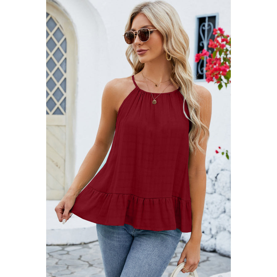 Tied Ruffled Round Neck Cami Apparel and Accessories