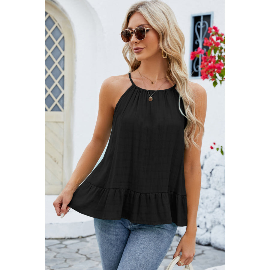 Tied Ruffled Round Neck Cami Black / S Apparel and Accessories