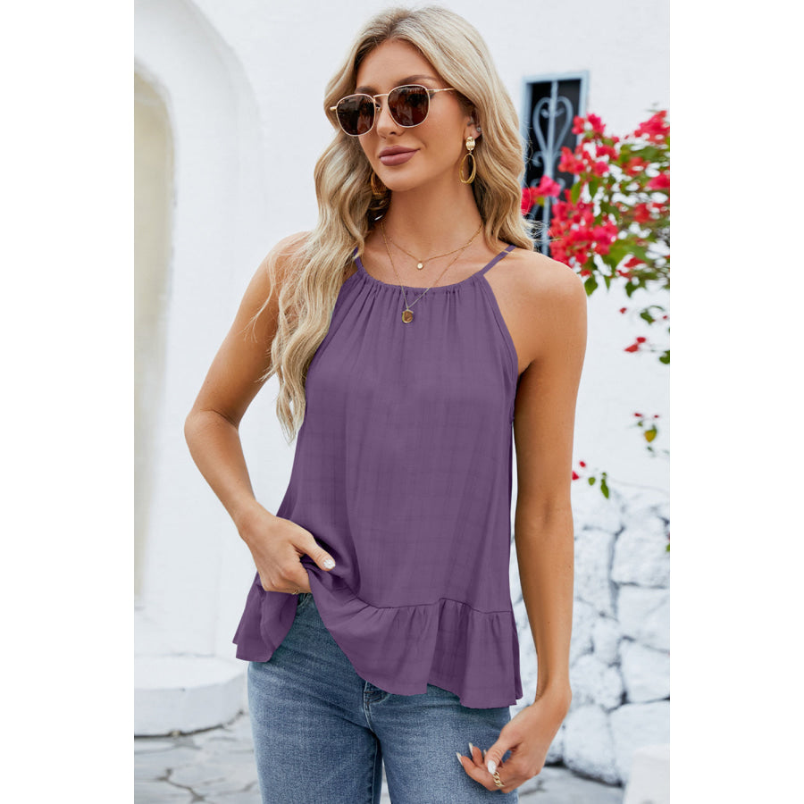 Tied Ruffled Round Neck Cami Dusty Purple / S Apparel and Accessories