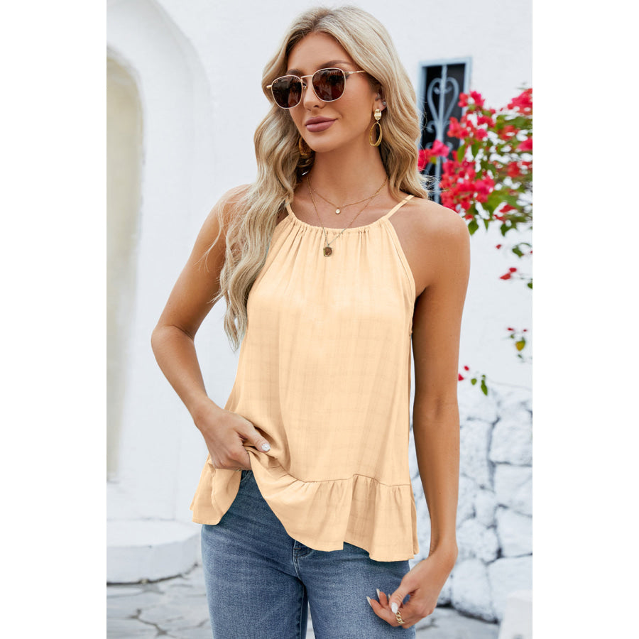 Tied Ruffled Round Neck Cami Light Apricot / S Apparel and Accessories