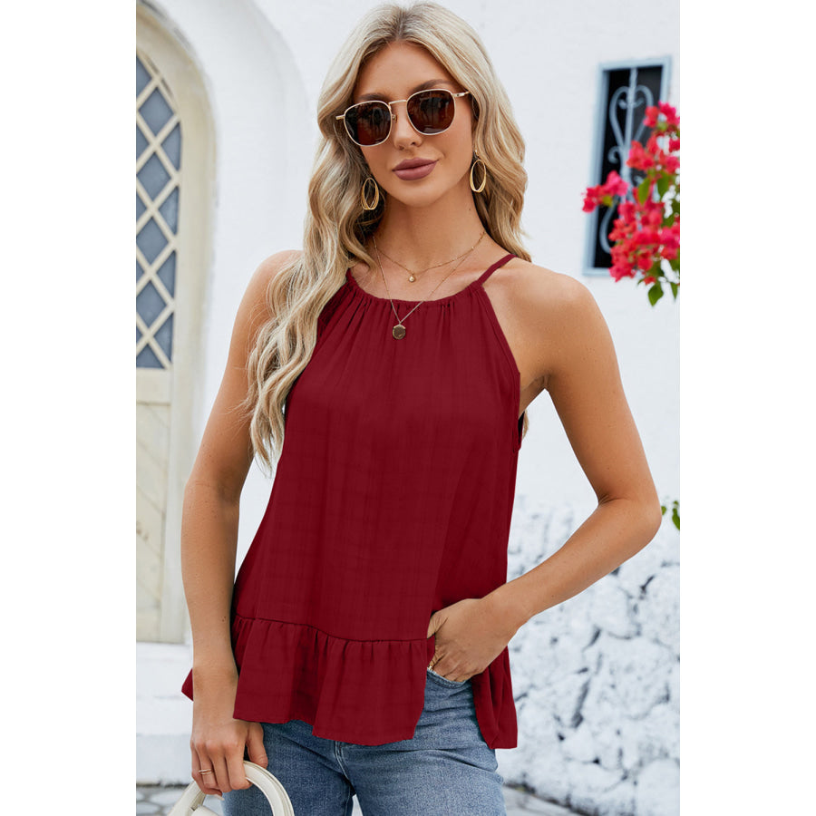 Tied Ruffled Round Neck Cami Wine / S Apparel and Accessories