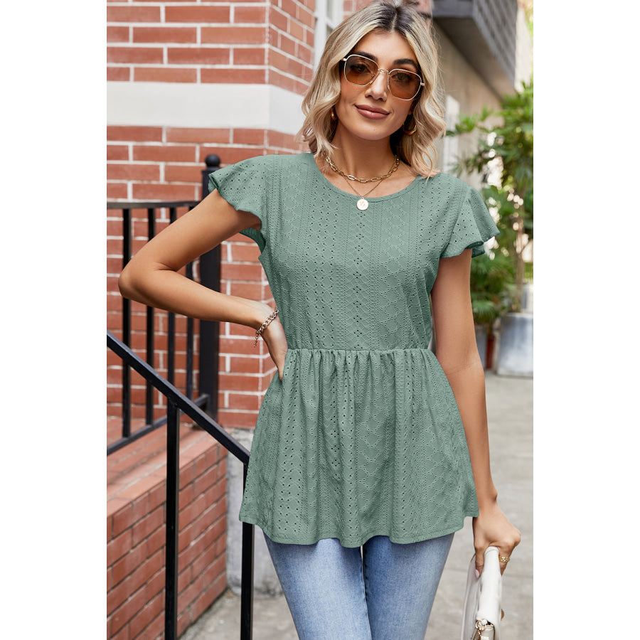 Tied Ruffled Round Neck Peplum T - Shirt Apparel and Accessories