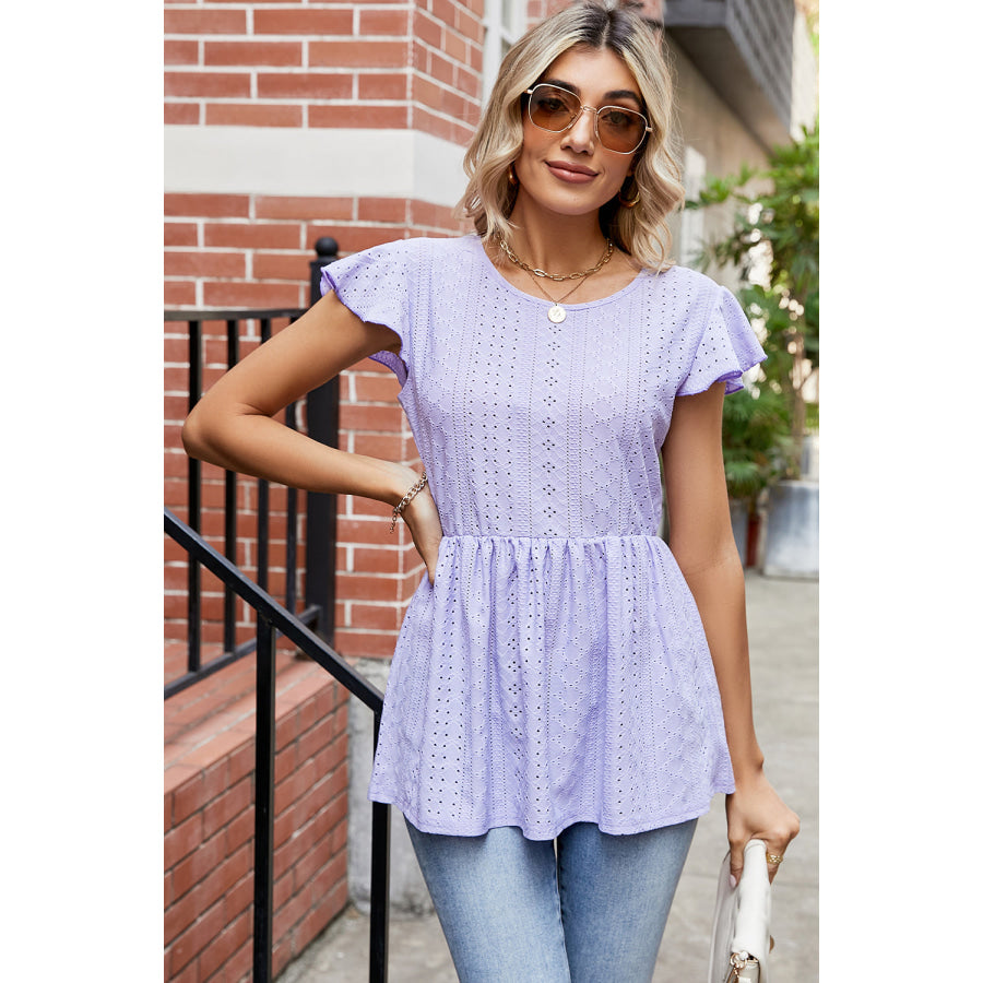 Tied Ruffled Round Neck Peplum T - Shirt Apparel and Accessories