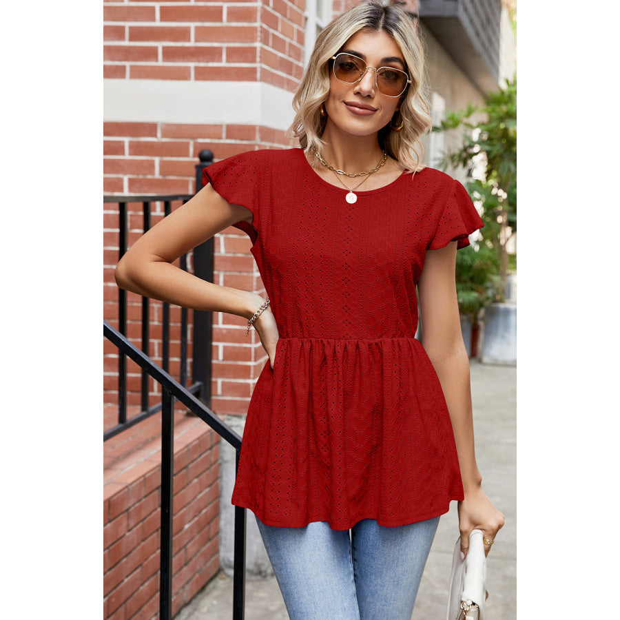 Tied Ruffled Round Neck Peplum T - Shirt Apparel and Accessories