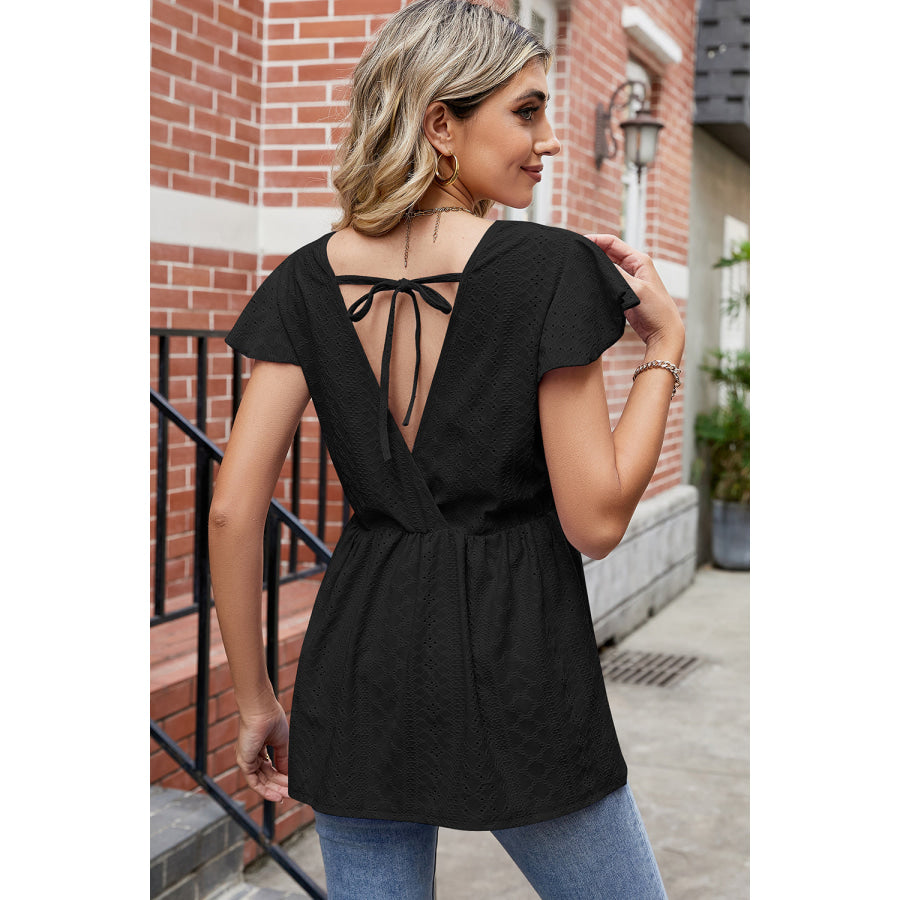 Tied Ruffled Round Neck Peplum T - Shirt Apparel and Accessories