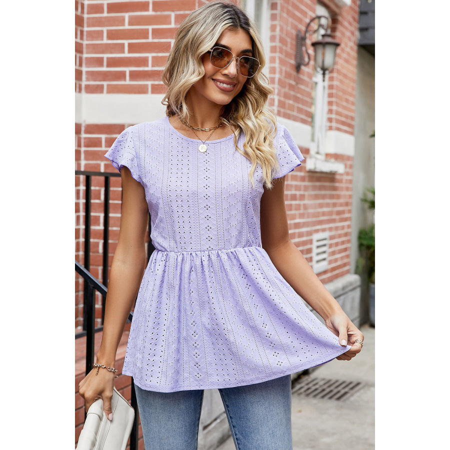 Tied Ruffled Round Neck Peplum T - Shirt Apparel and Accessories