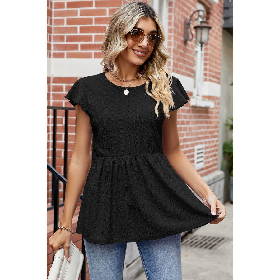 Tied Ruffled Round Neck Peplum T - Shirt Apparel and Accessories