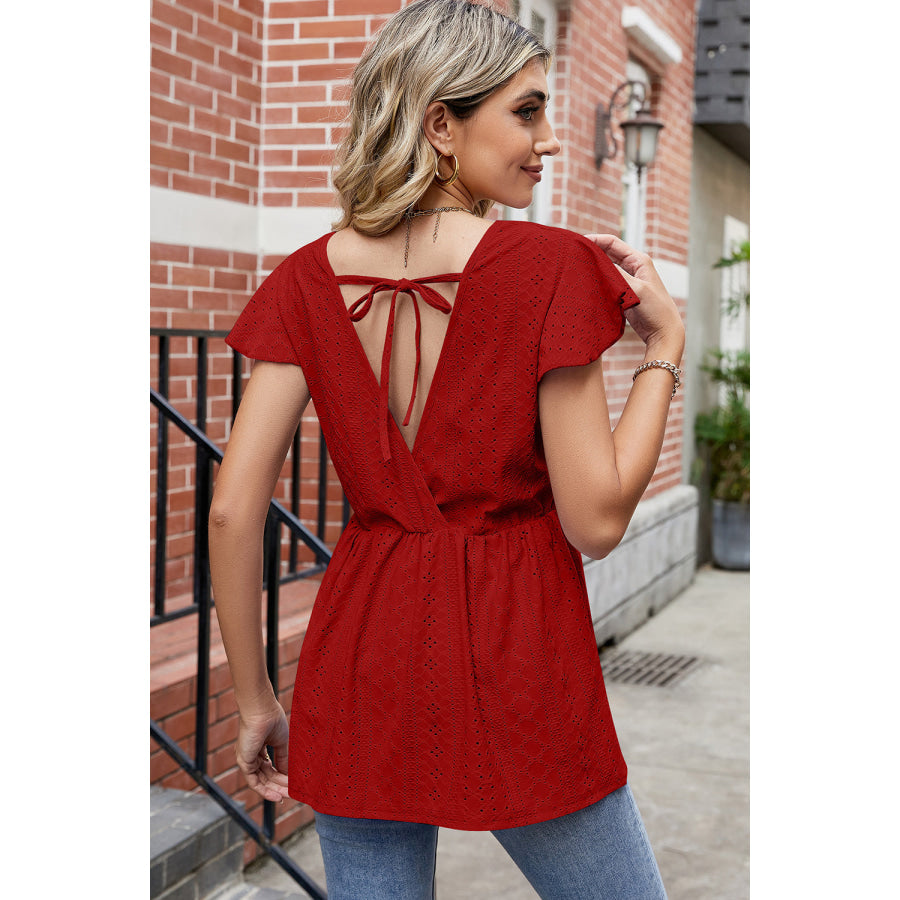 Tied Ruffled Round Neck Peplum T - Shirt Apparel and Accessories