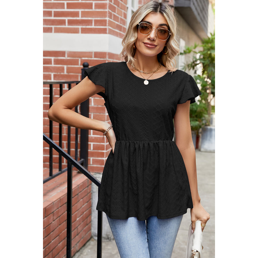 Tied Ruffled Round Neck Peplum T - Shirt Apparel and Accessories