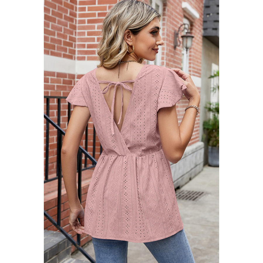 Tied Ruffled Round Neck Peplum T - Shirt Apparel and Accessories