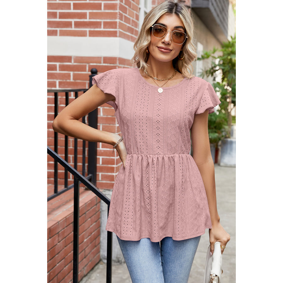 Tied Ruffled Round Neck Peplum T - Shirt Apparel and Accessories